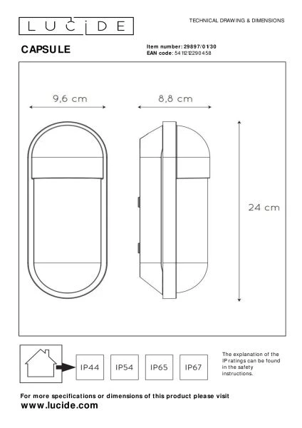 Lucide CAPSULE - Applique murale Intérieur/Extérieur - 1xE27 - IP54 - Noir - TECHNISCH